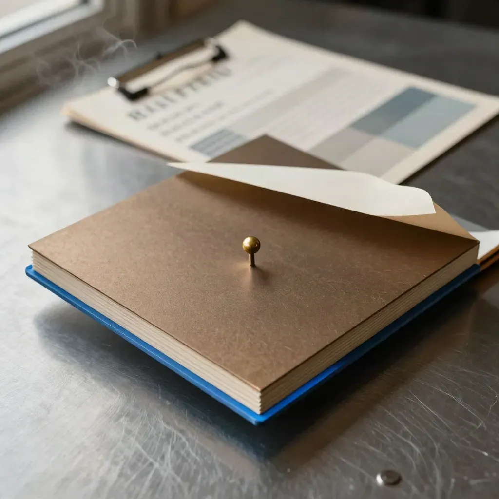 Brass pin on layered brand-watch board over brushed metal with soft blue glint.