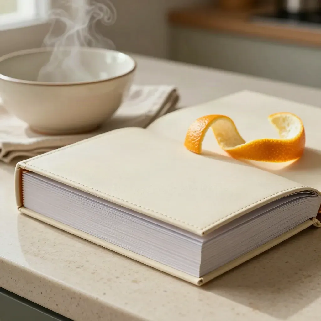 Cream trends folio beside a bowl, linen napkin, and citrus peel on travertine with steam
