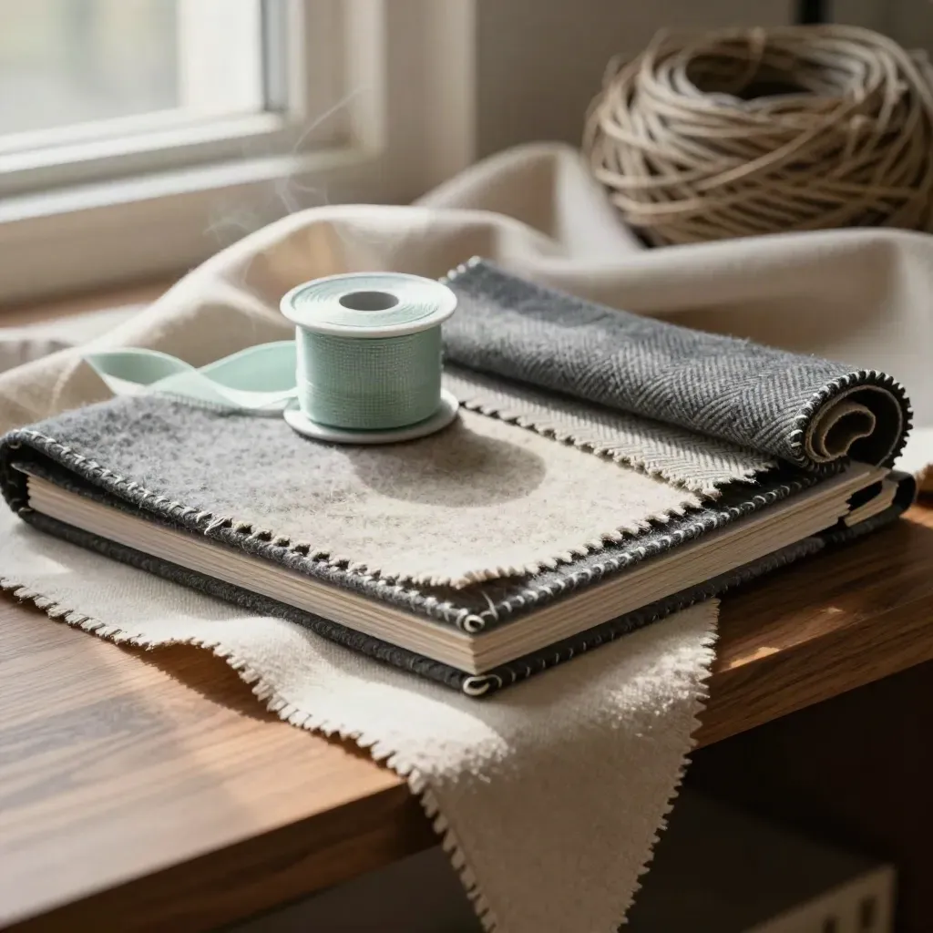 Fabric dossier with swatches, ribbon spool and wool sample on draped textile.