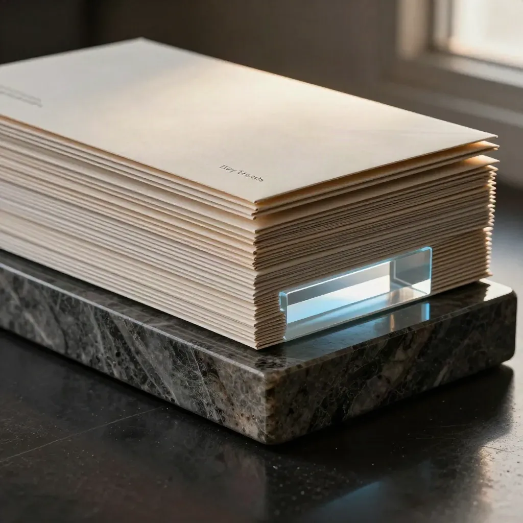 Macro of sealed brief mailers, acrylic block, and stone plinth under blue rim light.