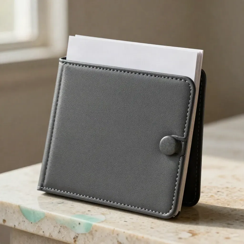 Macro folio corner lifting over travertine with stone weight and clipped insert