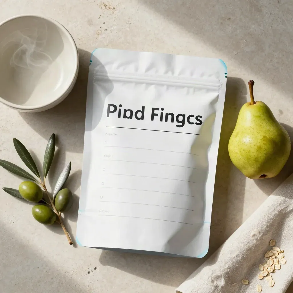 Overhead flatlay of a white food launch notes pack with bowl, pear, olive branch and napkin.
