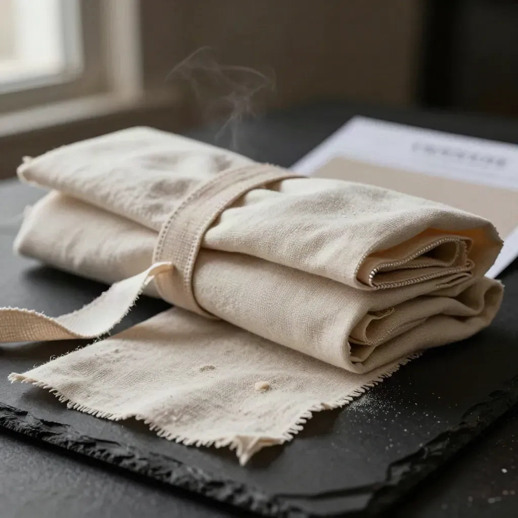 Loosening linen fashion notes pack with swatches, chalk dust and ribbon on dark slate