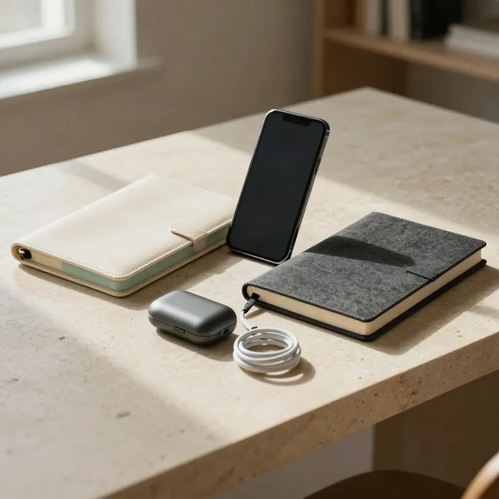 Phone, brief pack, notebook, mic case and cable on a limestone workbench with soft studio light.