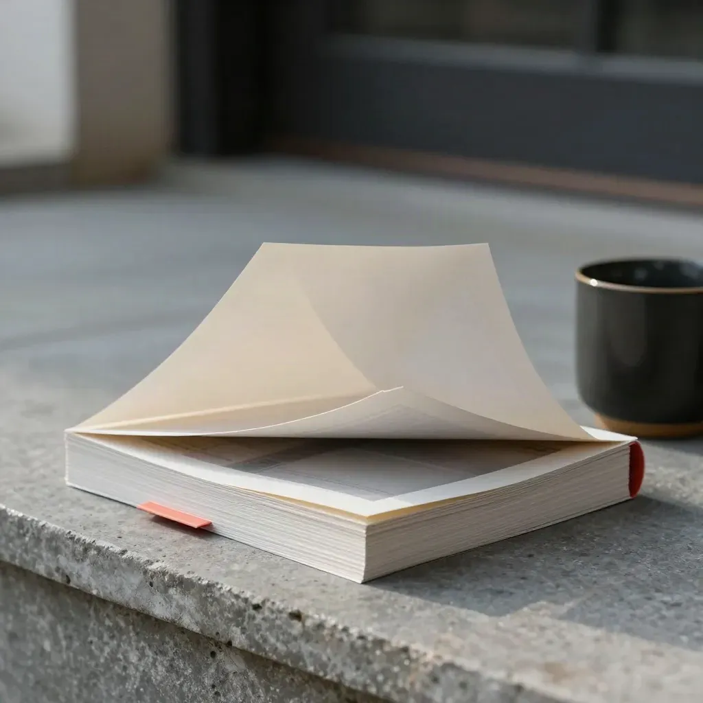 Half-open trend report pack on a stone step beside a dark mug, with paper curling in the breeze.